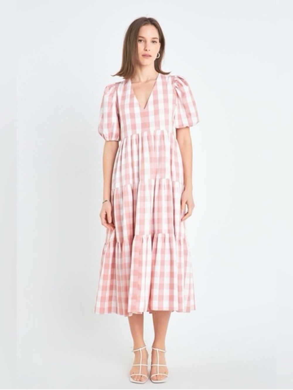 English Factory Pink Gingham Tiered Midi Dress